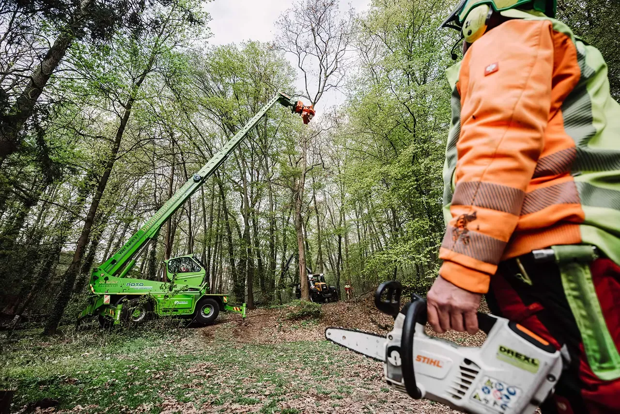 Ein Arbeiter in Schutzkleidung hält eine Kettensäge, während eine andere Person in einem grünen Hubsteiger hochgehoben wird, um in einem Waldgebiet hohe Bäume zu bearbeiten.