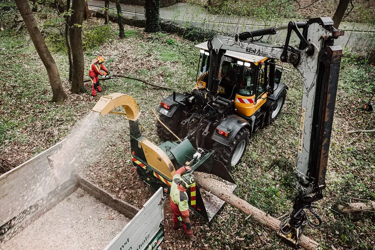 Ein Traktor mit einer Holzhackmaschine zerkleinert Äste und spritzt die Hackschnitzel auf eine LKW-Ladefläche. Zwei Arbeiter in Schutzkleidung beaufsichtigen den Vorgang in einem Waldgebiet.