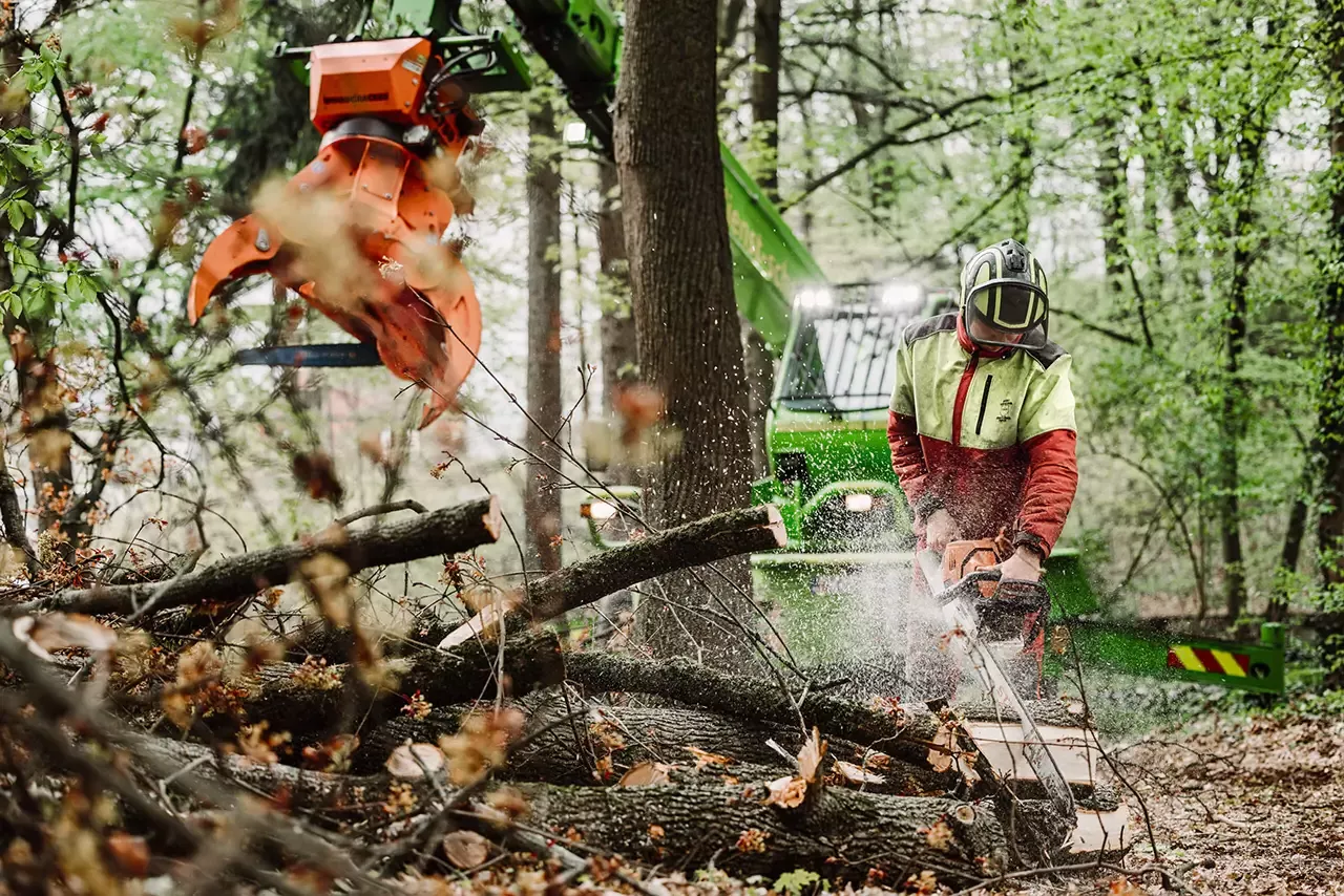 Eine Person mit Schutzausrüstung schneidet mit einer Kettensäge herabgefallene Äste in einem Wald. In der Nähe hebt eine grüne Maschine mit einem orangefarbenen Krallenaufsatz Äste auf. Holzspäne und Blätter liegen auf dem Boden verstreut.